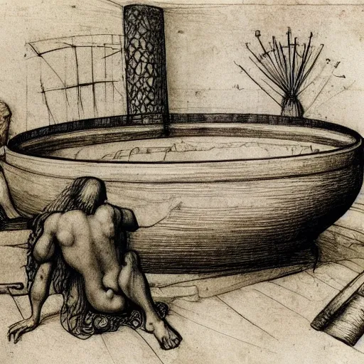 Image similar to leonardo da vinci's sketches for his new invention, the hot tub