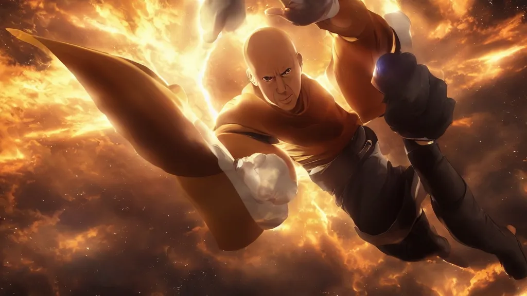 Image similar to vin diesel as saitama!!! throwing!!! a car!!!!!!!!!! into space, ultra realistic, lens flare, atmosphere, glow, detailed, intricate, full of colour, cinematic lighting, trending on artstation, 4 k, hyperrealistic, focused, extreme details, unreal engine 5, cinematic, masterpiece