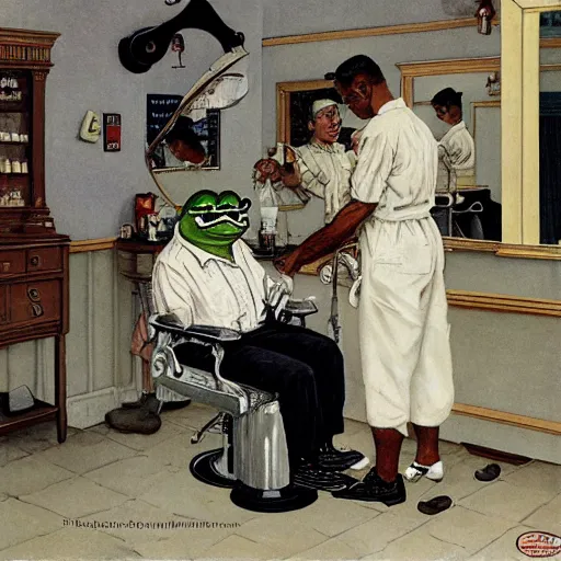 Image similar to pepe the frog at the barbershop by norman rockwell