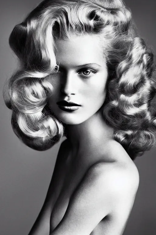 Prompt: stunning award - winning portrait by peter lindbergh of a beautiful young blonde supermodel. vintage hollywood glamour. long shiny wavy glam hair. long curly hair. glam makeup. vogue. fashion photography. sharp focus. canon 5 0 mm.