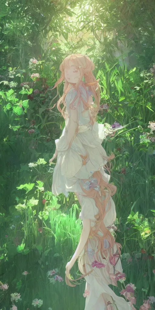 Image similar to a digital art of a loli with long hair in a dress in the privet garden at after noon, green and warm theme, back lighting, by krenz cushart and mucha and akihito yoshida and greg rutkowski and makoto shinkai, extremely long shot, detailed eyes, 4 k resolution, trending on art station