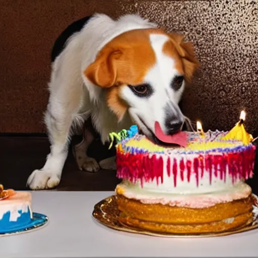 Image similar to a realistic photo of a dog eating a birthday cake