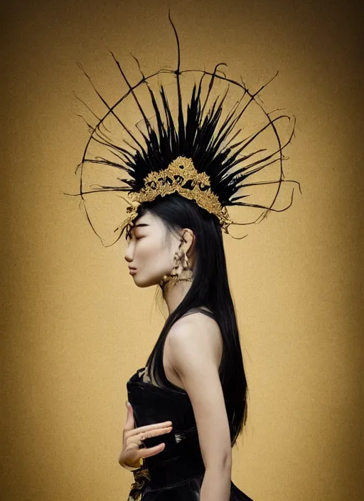 Image similar to a portrait of pan - asian female by stefan geselle and nekro borja, photorealistic, intricate details, hyper realistic, fantasy, elegant, baroque gold headpiece, photorealistic, canon r 3, photography, wide shot, symmetrical features, symmetrical pose, wide angle shot, head to toe, standing pose, feet on the ground, wearable art