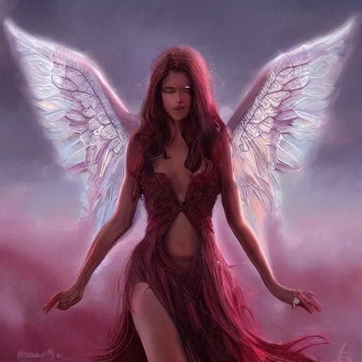 Prompt: woman - unicorn hybrid red angel - wings, stunning, realistic, symmetric portrait, face, intricate, very detailed, fantasy digital art, trending in artstation, marc simonetti