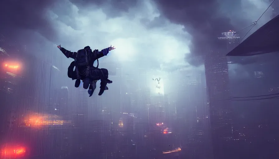 Image similar to man parachuting into a dark cyberpunk city through clouds, volumetric lighting, dystopia, artstation, concept art, painting