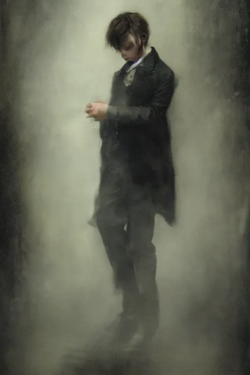 Image similar to detailed cinematic moody colors studio portrait of a possesed young victorian gentleman being controlled like a puppet, creepy evil vibe, high quality by jeremy mann, only one head single portrait