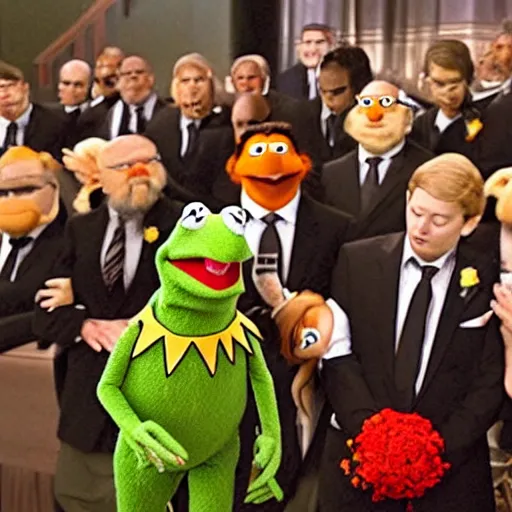 Prompt: photo of muppets crying at a open - casket funeral for gonzo