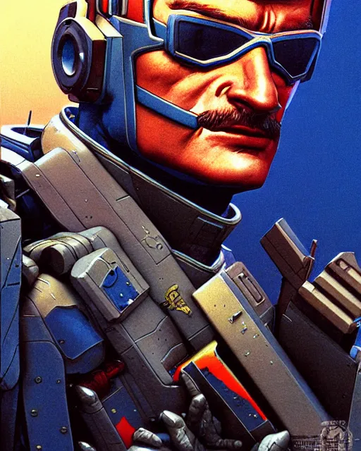 Prompt: soldier 7 6 from overwatch, character portrait, portrait, close up, concept art, intricate details, highly detailed, vintage sci - fi poster, retro future, in the style of chris foss, rodger dean, moebius, michael whelan, and gustave dore