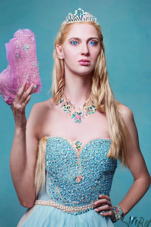 Image similar to a princess with long blonde hair and light blue eyes wearing a strapless elaborately beaded pink dress standing next to a brown canvas army tent, high resolution film still, 8k, HDR color, film by Simon Langton and David Frankel, triangular face, very light freckles, round narrow chin, straight jawline, natural lips, high cheekbones, beautiful gazing eyes