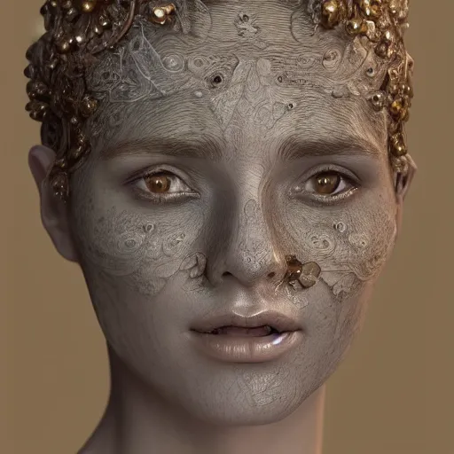 Image similar to beatifull face portrait of a woman, 150 mm, anatomical, flesh, flowers, mandelbrot fractal, facial muscles, veins, arteries, intricate, golden ratio, full frame, microscopic, elegant, highly detailed, ornate, ornament, sculpture, elegant , luxury, beautifully lit, ray trace, unreal, 3d, PBR, in the style of peter Gric , alex grey and Romero Ressendi