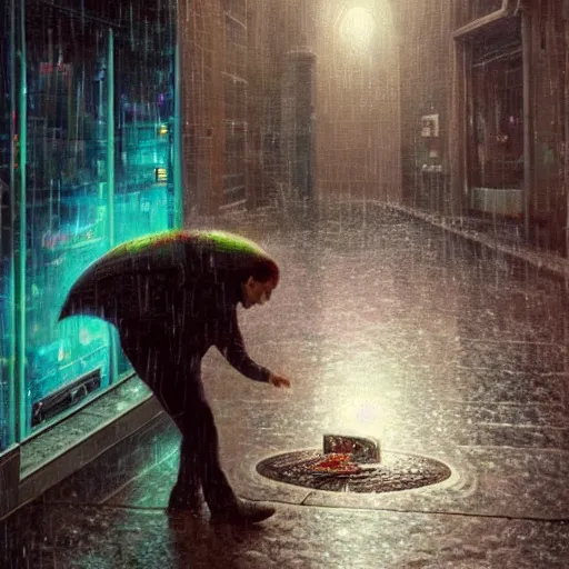 Image similar to a drenched man in a rainy alleyway placing a coin in a vending machine opens an alien portal into another dimension, vivid caustics into another universe, realistic photography, beautiful interior, hyperrealism, incredible, award - winning photography, by greg rutkowski, lovecraftian