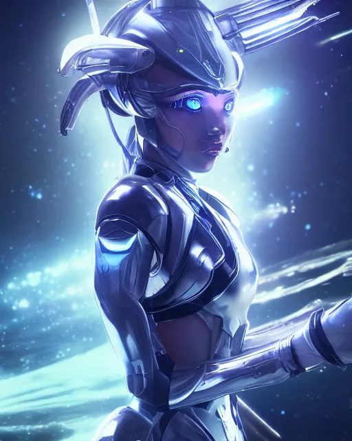 Image similar to perfect android girl on a mothership, warframe armor, beautiful face, scifi, futuristic, galaxy, nebula, raytracing, dreamy, long white hair, blue cyborg eyes, sharp focus, cinematic lighting, highly detailed, artstation, divine, by gauthier leblanc, kazuya takahashi, huifeng huang