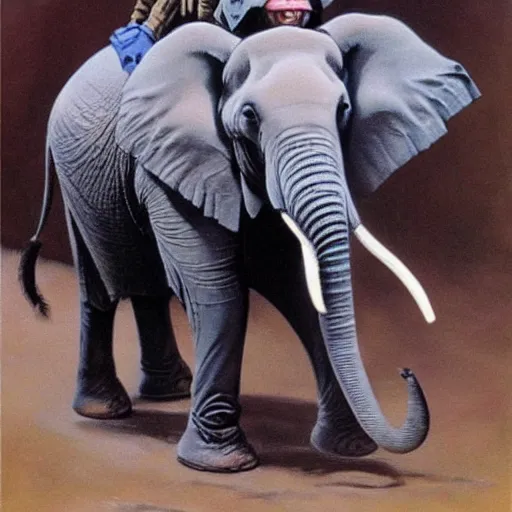 Prompt: an elephant in tactical gear in a frazetta painting