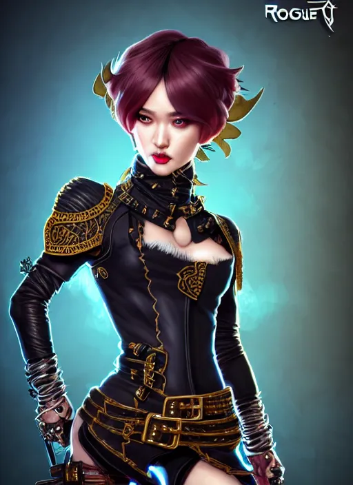 Image similar to rogue, fantasy ornate leather bandit outfit!!! close - up portrait beautiful and athletic short hair female!! gorgeous face and eyes!! character concept art, sharp focus, octane render! unreal engine 5! highly rendered!! trending on artstation!! detailed linework!! illustration by artgerm, wlop, and chie yoshii