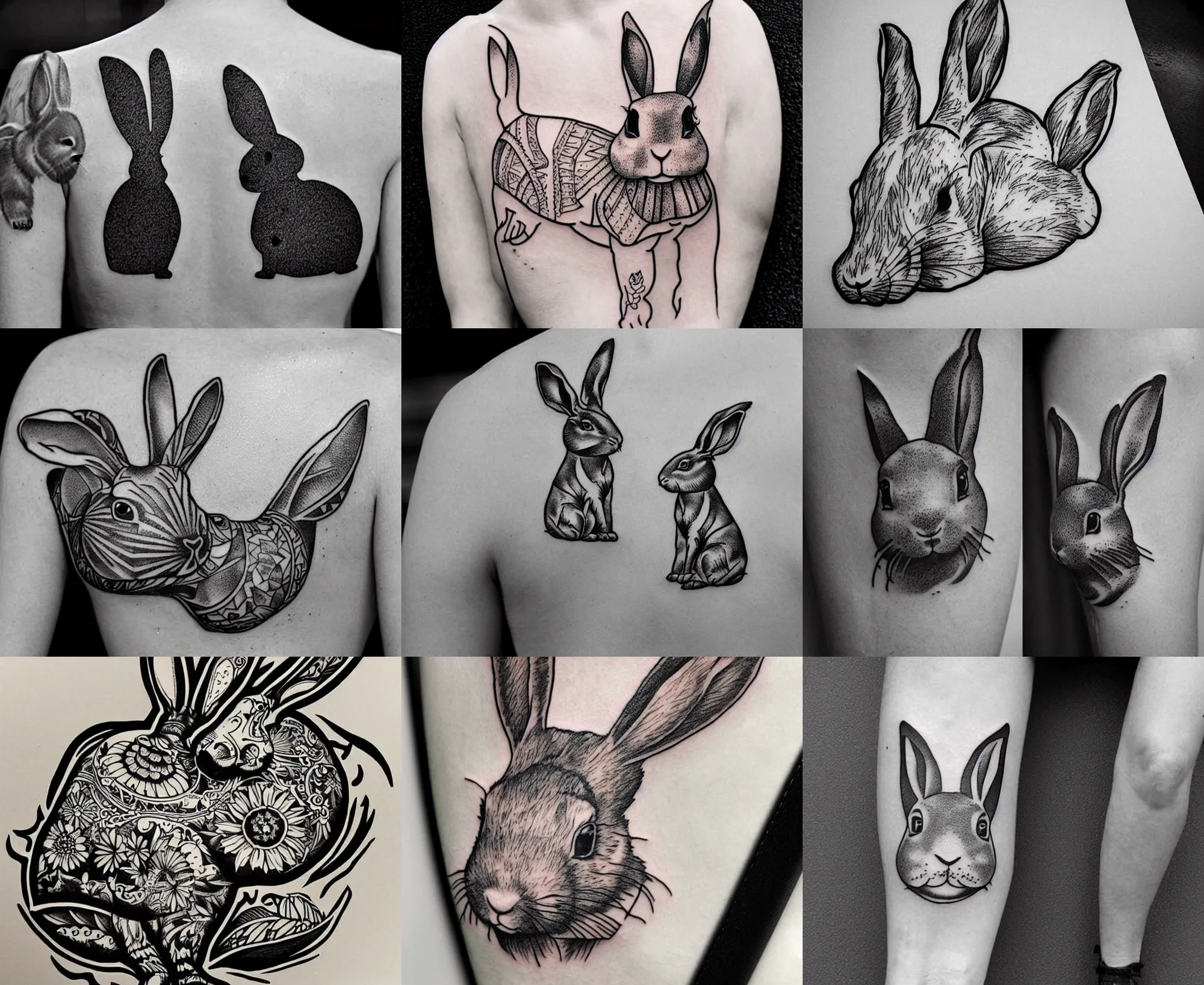 Prompt: well - detailed tattoo stencil of a full body bunny rabbit, bold strong lines very highly aesthetic