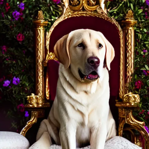 Prompt: A portrait of an English Labrador Retriever in a royal throne, Sigma 85mm f/1.4, DSLR 8k