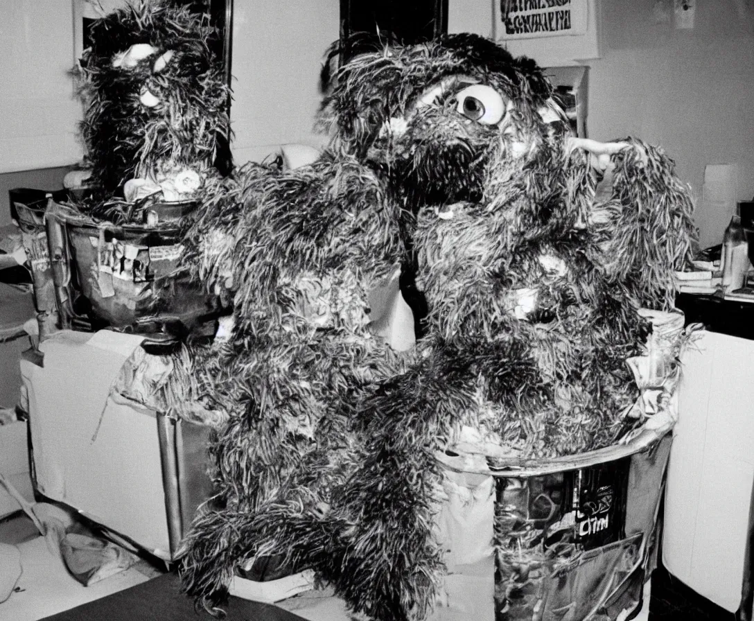 Prompt: grainy candid 1980s photo of Oscar the Grouch waking up drunk after a wild party