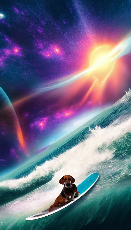 Image similar to beagle dog surfing a surfboard on a crashing l wave of alien ocean in space, background is an alien galaxy, aliens in the background, alien colors, octane render, unreal engine, wide view, 8 k, high detaild