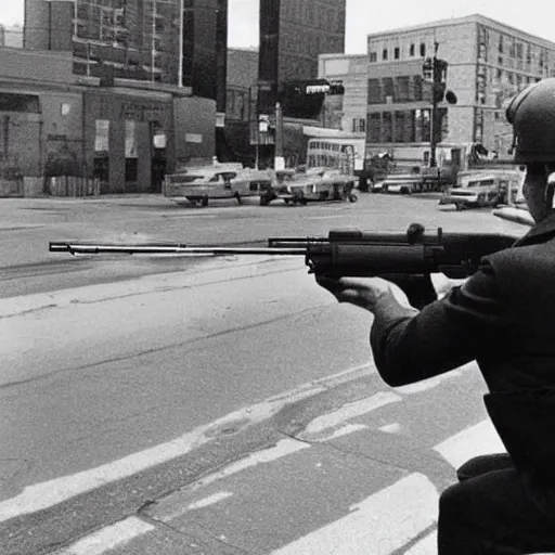 Prompt: 1960s photography of a man shooting a machine gun in an american city.