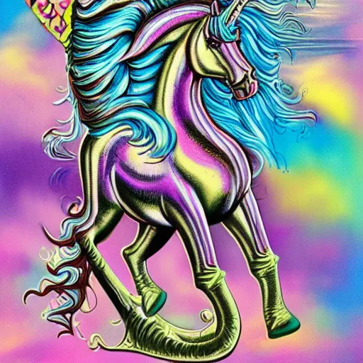 Prompt: heavy metal unicorn by h. r. giger and lisa frank