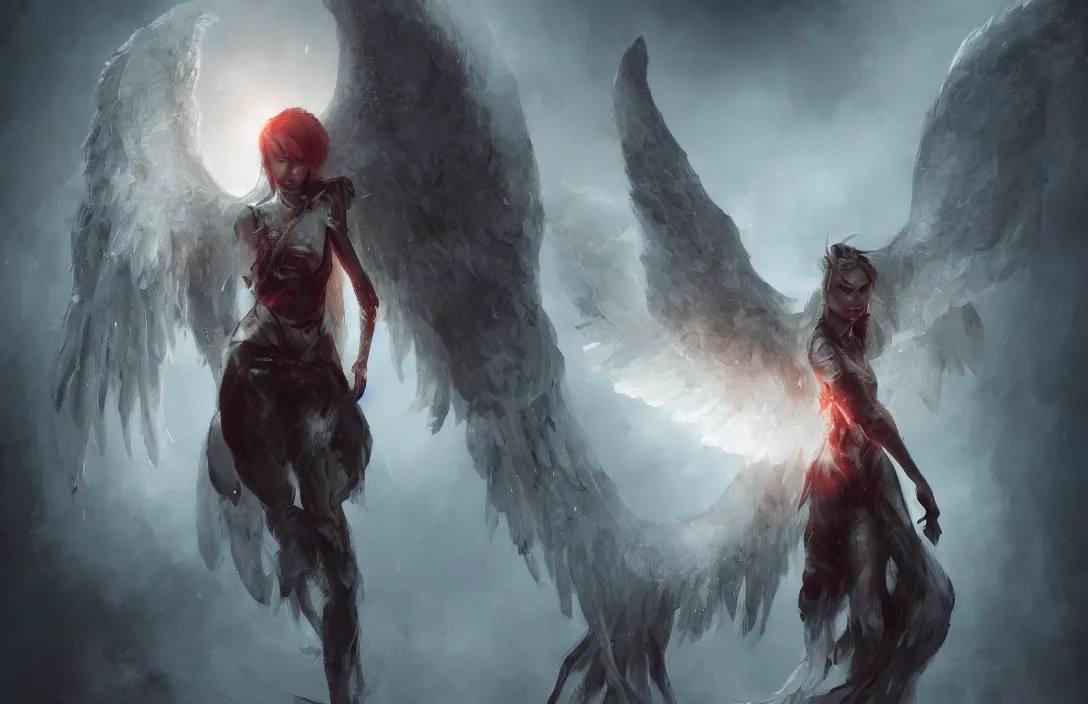 Image similar to an angel in hell, digital painting, concept art, smooth, sharp focus, hyperrealistic, illustration, artstation trending, octane render, unreal engine, ambient light, dynamic lighting, magical, dark fantasy