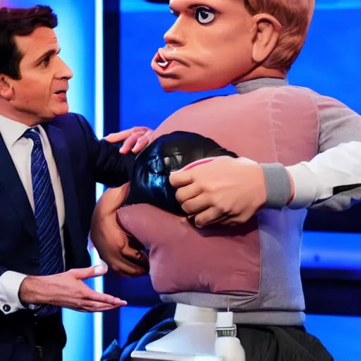 Image similar to a high quality photograph of Jimmy Dore inappropriately interacting with a blowup doll of Tucker Carlson on the set of Tucker Carlson tonight live on Fox News