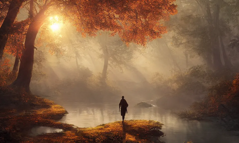 Prompt: Highly detailed 4K fantasy matte painting of an adventurer walking along the river bank in a forest during the golden hour in autumn, volumetric sun rays and dust, water reflection, in the style of Andreas Rocha and Greg Rutkowski