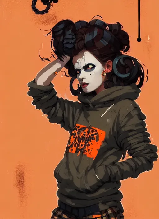 Image similar to highly detailed portrait of a sewer punk lady, tartan hoody, ringlet hair by atey ghailan, by greg rutkowski, by greg tocchini, by james gilleard, by joe fenton, by kaethe butcher, gradient orange, black, cream and white color scheme, grunge aesthetic!!! ( ( graffiti tag wall background ) )