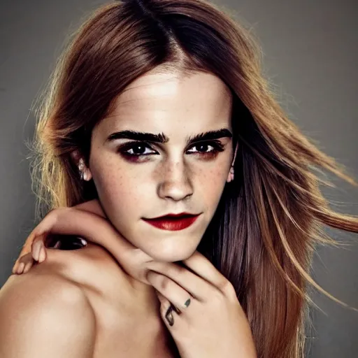 Image similar to full body textured film grain Heavy Contour makeup look eye shadow smokey eyes fashion model face emma watson by artgem