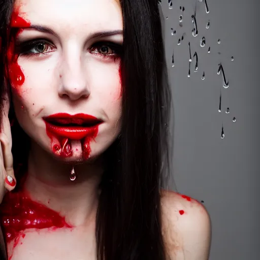 Prompt: professional headshot of an elegant female vampire smiling with droplets of blood splattered across her face. high resolution, realistic, professional lighting, nikon camera, 8 k, imdb. com