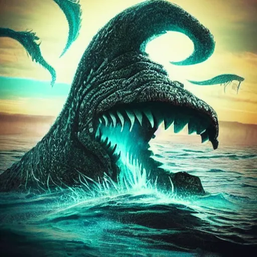 Image similar to an intricate and scary sea monster while The Rock is shooting a laser beam to it