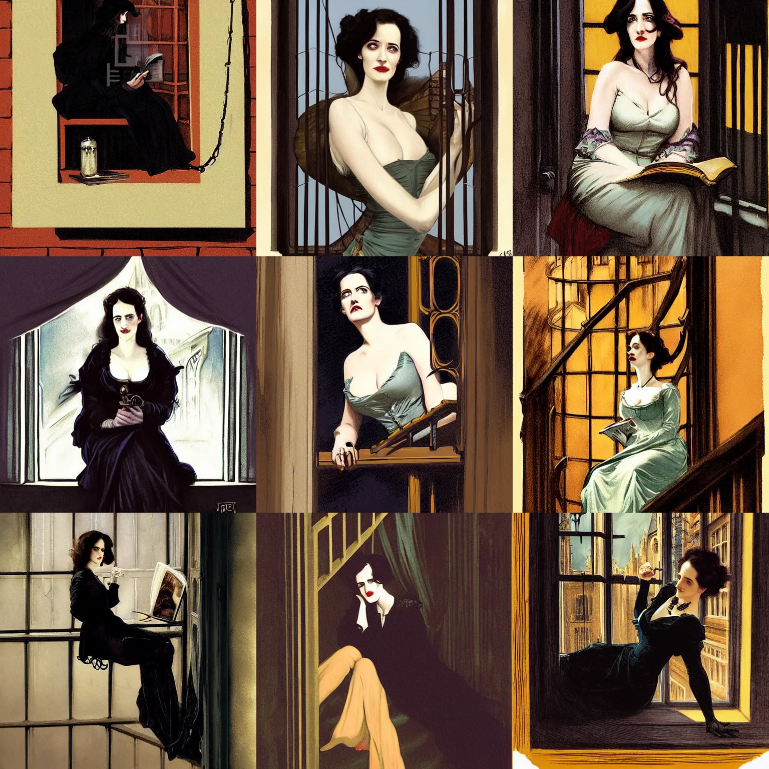 Prompt: character portrait of eva green sitting down on a fire escape reading in gothic london, gothic, john singer sargent, muted colors, moody colors, illustration, digital illustration, amazing values, art by j. c. leyendecker, joseph christian leyendecker, william - adolphe bouguerea, graphic style, dramatic lighting, gothic lighting