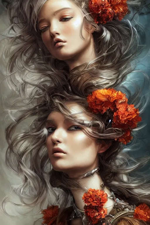 Image similar to portrait, headshot, insanely nice hair style, dramatic hair color, digital painting, gentle cyborg holding flowers , amber jewels, baroque, ornate clothing, scifi, realistic, hyperdetailed, chiaroscuro, concept art, art by Franz Hals and Jon Foster and Ayami Kojima and Amano and Karol Bak,