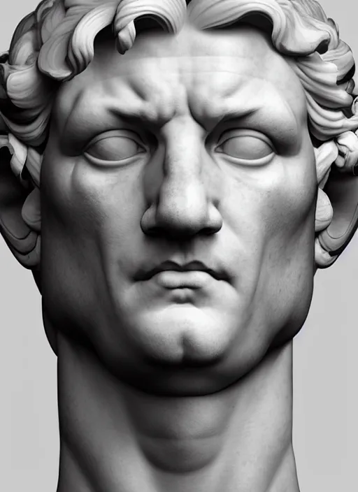 Image similar to stylized carrara marble ornate statue bust made of marble of hercules, perfect symmetrical body, perfect symmetrical face, hyper realistic, hyper detailed, by johannen voss, by michelangelo, octane render, blender, 8 k, displayed in pure white studio room