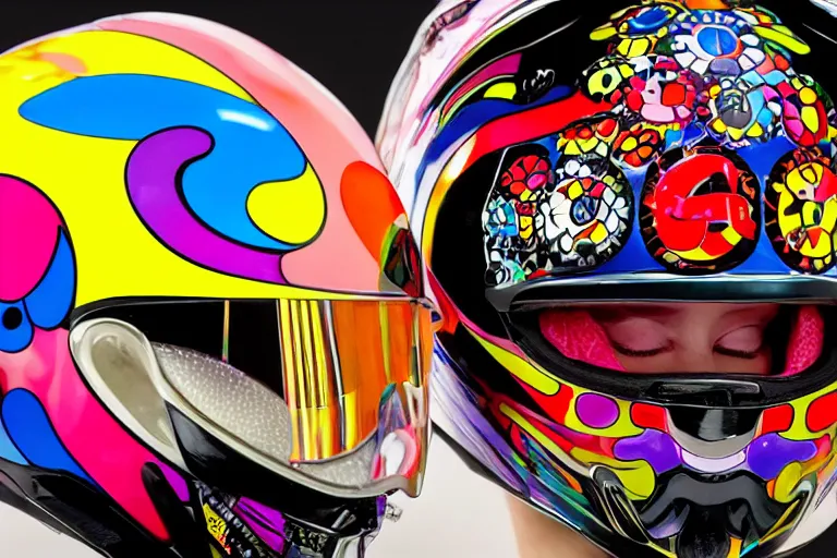 Image similar to photo of a glossy black marble statue of a girl with colorful motocross logos and motorcycle helmet with reflective mirrored visor, colorful smoke in the background, carved marble statue, fine art, in the style of takashi murakami,