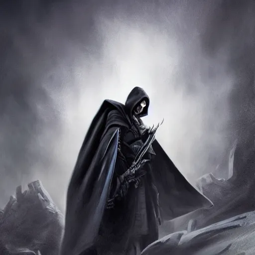 Image similar to portrait of small pale cowardly man wearing dark cloak, rogue, fear, fantasy artwork, dnd, looking sideways, high fantasy