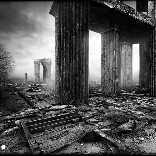 Prompt: wetplate of post apocalyptic chaos, dark ruins, dramatic black and white, 9 k rendering, high detail, cinematic, - - ar 2 7 6 : 1 0 0