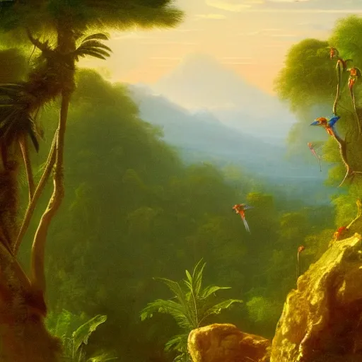 Image similar to gorgeous macaws flying at dawn in the distance through the forest, jungle mountains in the background, highly detailed, heavenly lighting, trending on art station, very detailed birds, painting by thomas cole