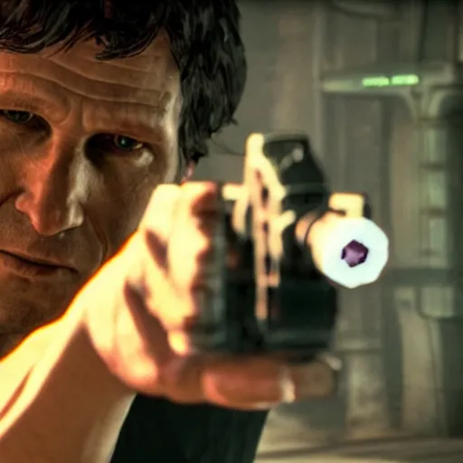 Image similar to todd howard pointing a gun towards the camera and forcing you to buy skyrim, threatening, sharp, cinematic, colorful, digital, neon, bright, cyberpunk, blade runner 2 0 4 9, realism, bold