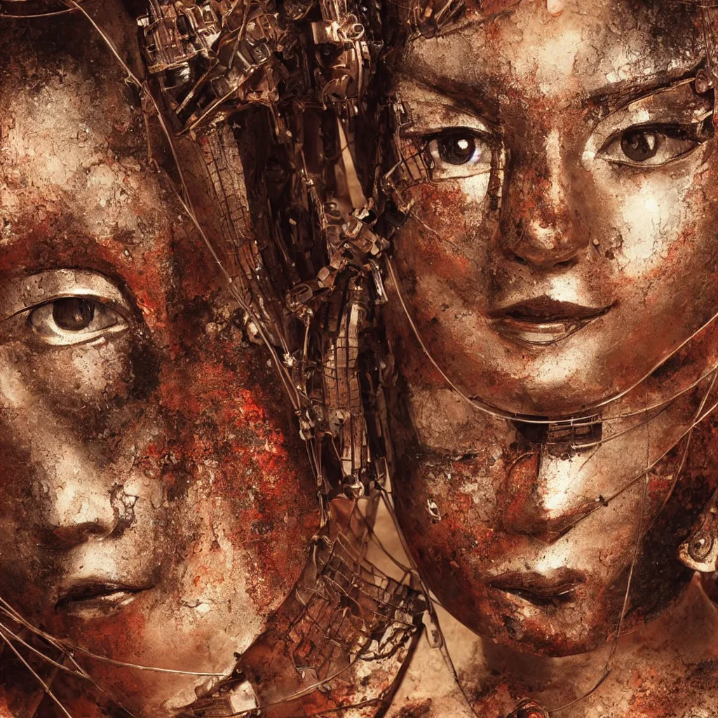 Image similar to Portrait photo of a slightly rusty, beaten-up Japanese robotic geisha with wires and actuators in a technological mega-structure, dramatic lighting, hyper-realistic, ultra-realistic, concept art, intricate details, 8K Ultra High Definition, digital art