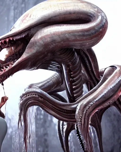 Prompt: cinematic full - body - shot still of kim kardashian being mouth fed by an xenomorph in a transparent alien liquid, wet flowing hair, gooey skin, illustration, unreal engine 5, 8 k, made by h. r. giger.