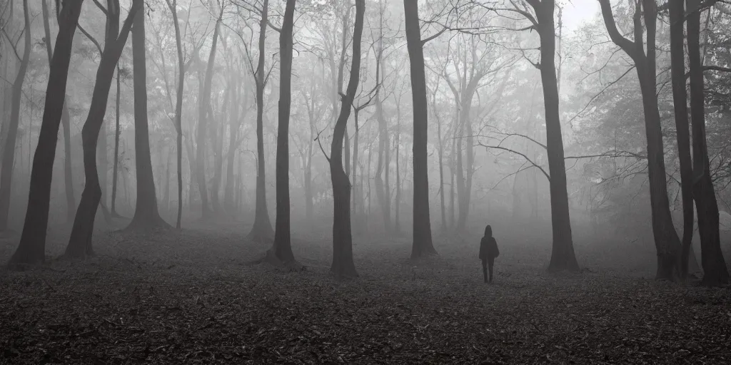 Image similar to foggy haunted woods with several silhouetted figure lurking in the distance, horror movie