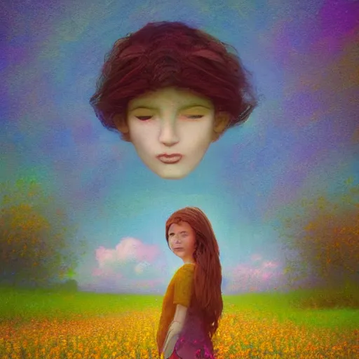 Prompt: girl with one blooming flower as a face, surreal photography, dream, standing in flower field, hills, big trees, sunrise dramatic light, impressionist painting, colorful clouds, digital painting, pointillism, artstation, simon stalenhag, flower face