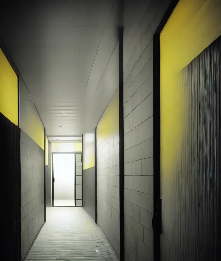Image similar to spooky photo of a dark hallway of a modern japanese house with open lit doorways, dramatic lighting, smoke, ceiling fluorescent lighting, black and yellow colour palette