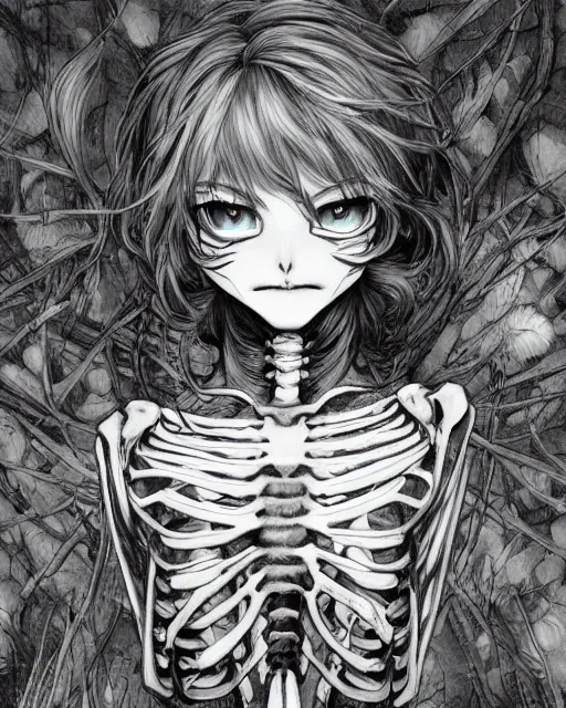 Image similar to skeleton cat girl with open skeleton ribs, wearing only lingering, black and white full shot, ambient, focused, art by ayami kojima, makoto shinkai, killian eng