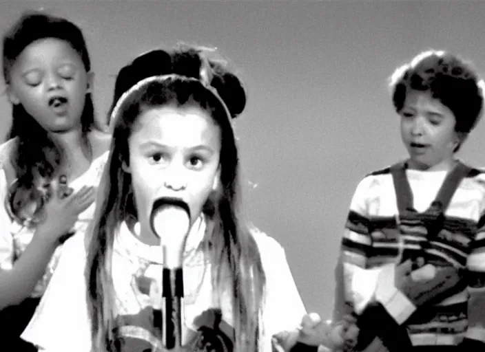 Prompt: A 10-years-old girl singing on the small stage in the TV studio. Funny TV show in 90s. Color VHS footage.