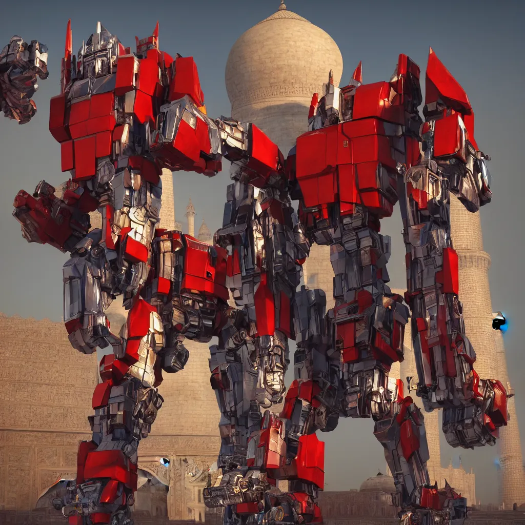 Prompt: optimus prime standing near taj mahal, octane render, volumetric lighting, art by furio tedeschi, hyper detailed