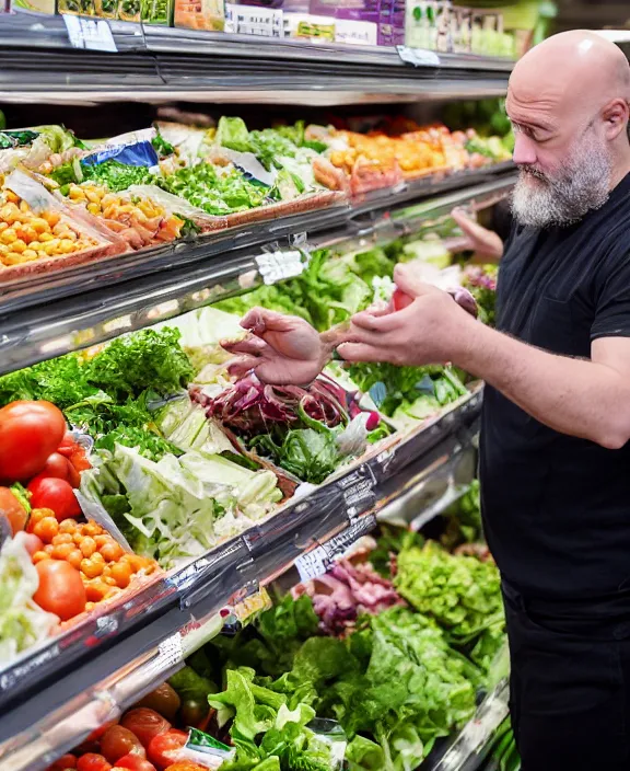 Image similar to a bald man with a beard gestures to a display of boxes of suddenly salad at the end cap inside a supermarket
