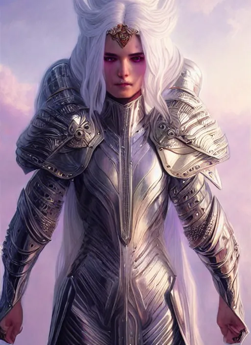 Image similar to light iridescent armor!!! long wild white hair!! covered chest!!! fantasy, d & d, intricate ornate details, digital painting, pretty face!!, symmetry, concept art, sharp focus, illustration, art by artgerm! greg rutkowski magali villeneuve wlop! ilya kuvshinov!!, octane render