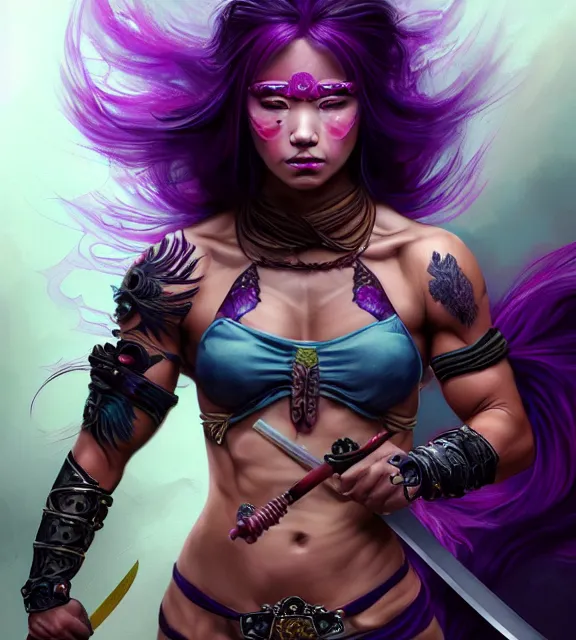 Image similar to muscular female warrior holding hilt of katana, perfect face, diadem, detailed neon tattoos, black halter top, purple hair, abs, cinematic, blush, stunning, athletic, strong, agile, highly detailed, psychedelic, digital painting, artstation, smooth, hard focus, illustration, art by jessica rossier and and brian froud